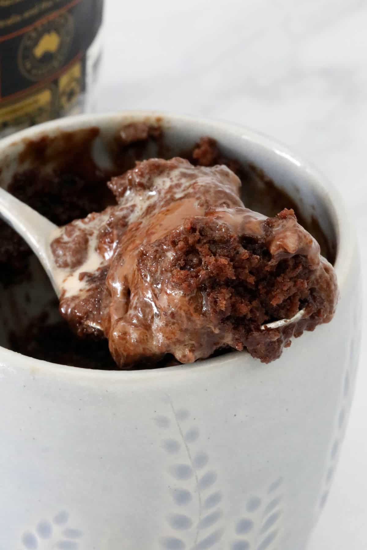 A spoonful of Easter mug cake to show the texture.