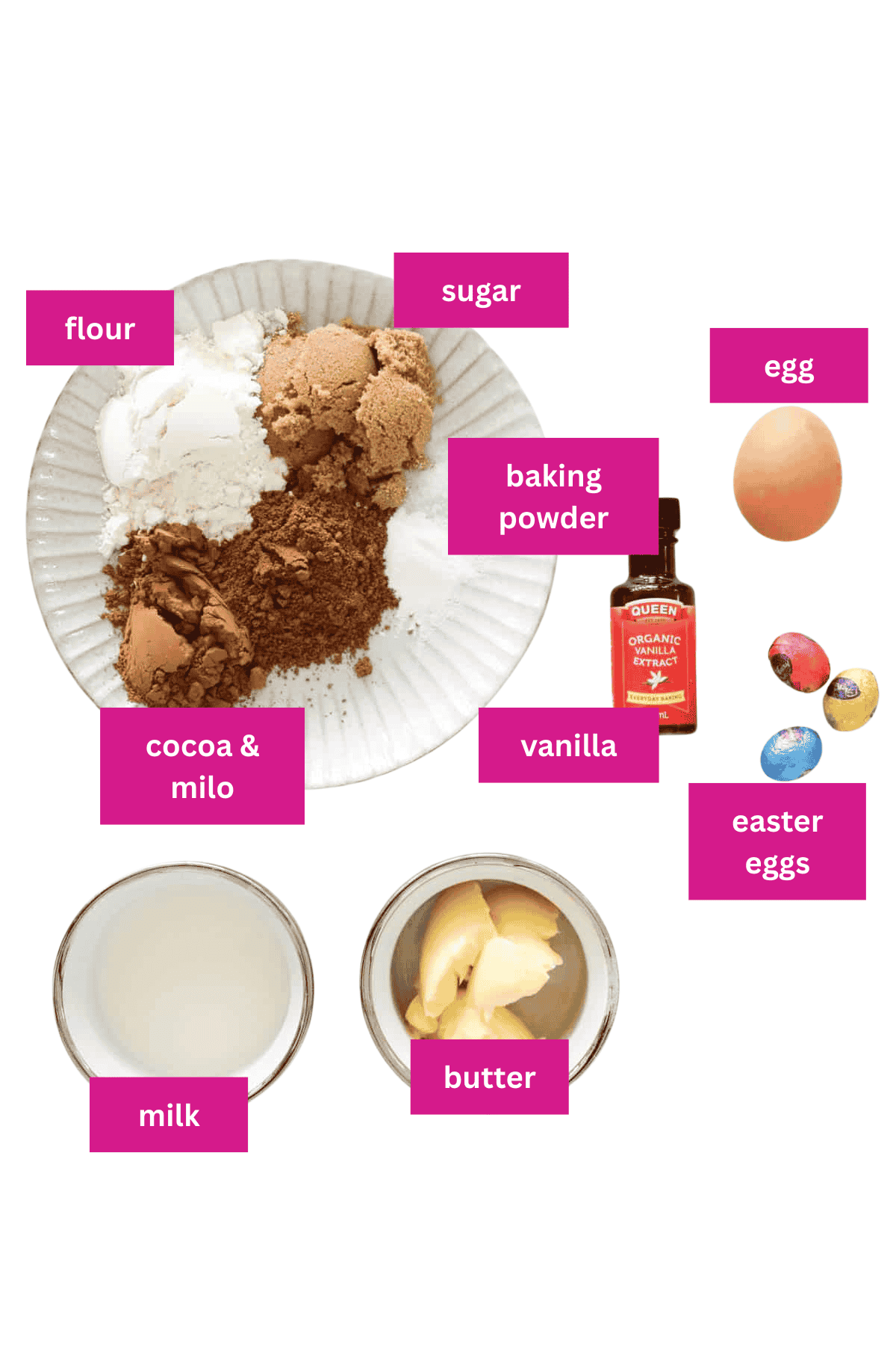 The ingredients for a chocolate mug cake with Easter eggs.