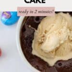 overhead shot of a choclate mug cake with a scoop of vanilla ice cream.