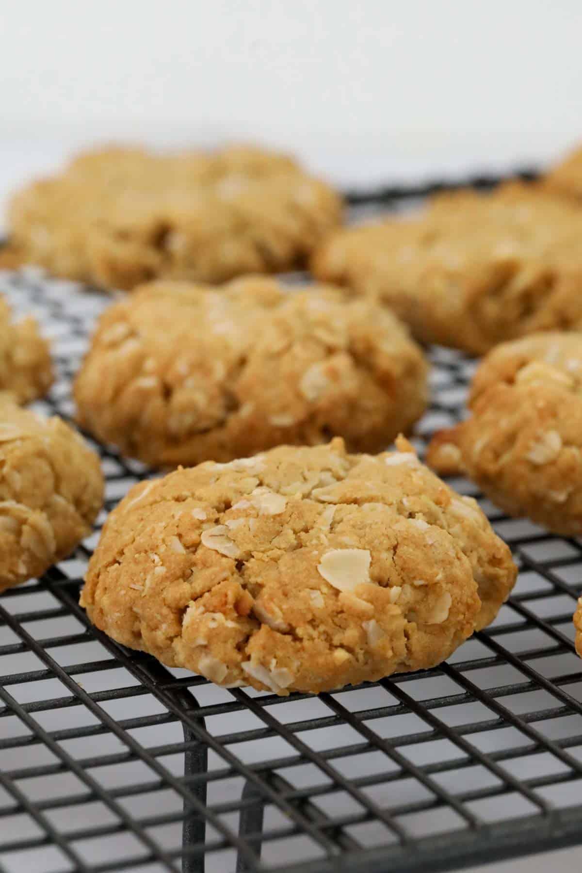 Baked ANZAC biscuits on a wire cooling tray.