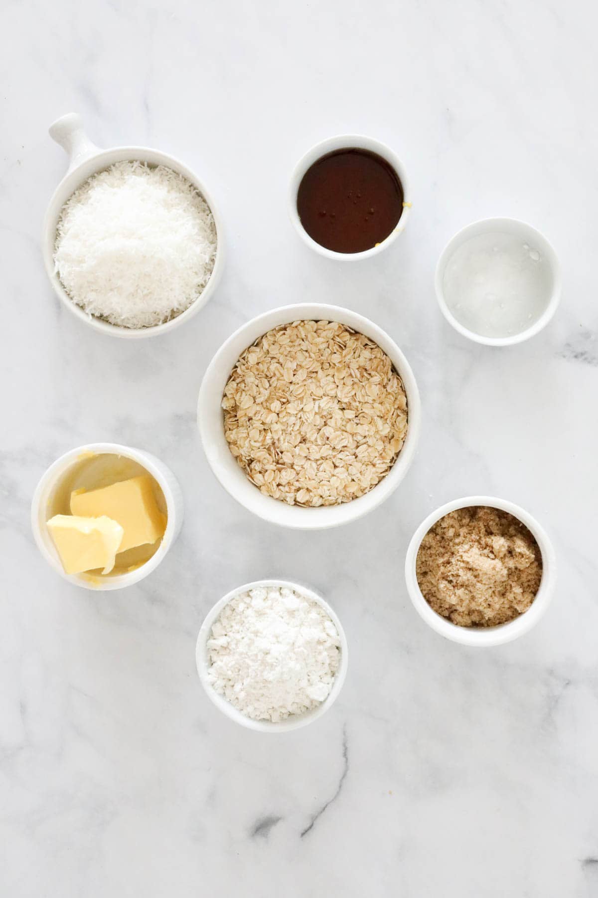 Ingredients needed to make the recipe weighed out and placed in individual bowls.