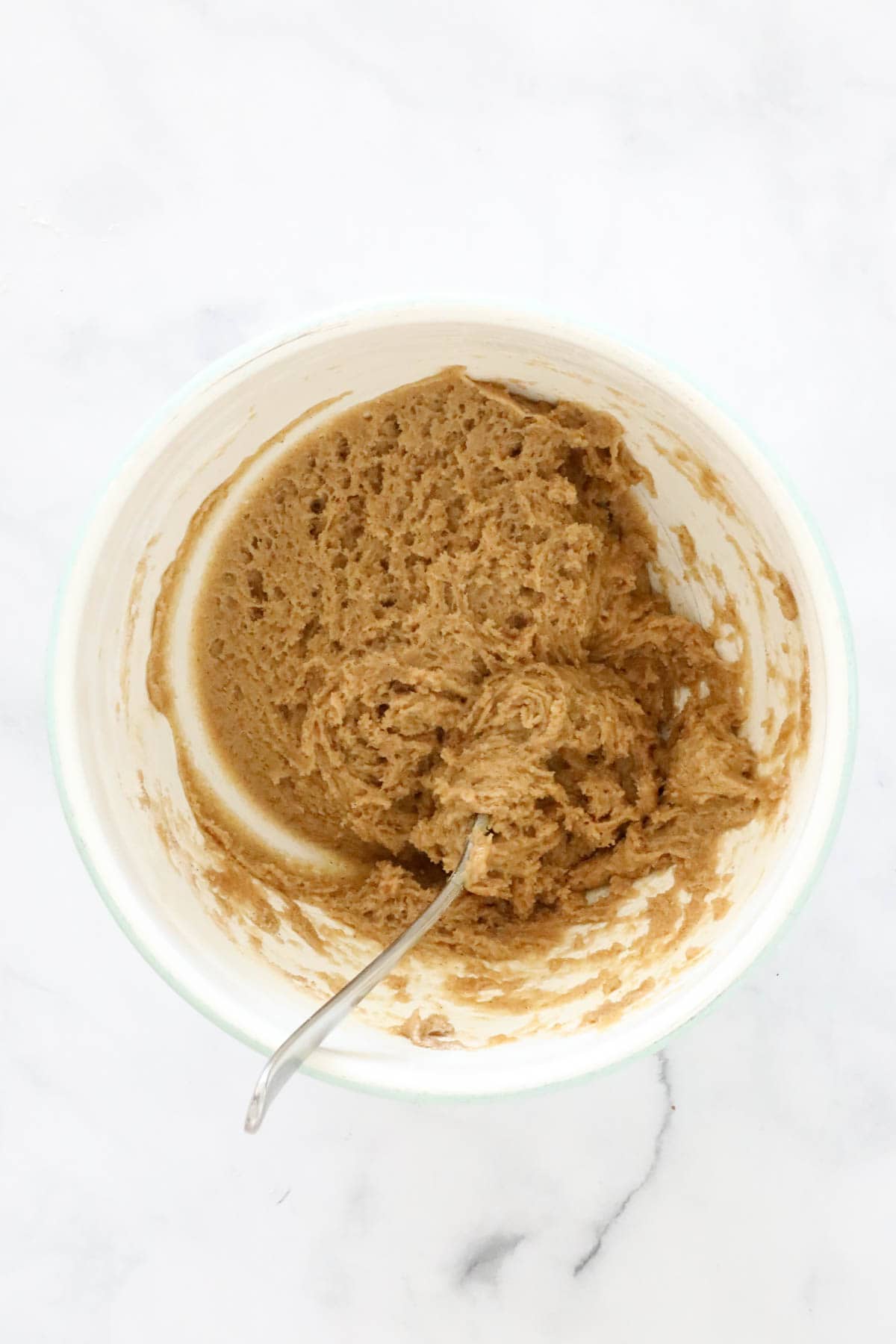 The mixed dough in the mixing bowl.