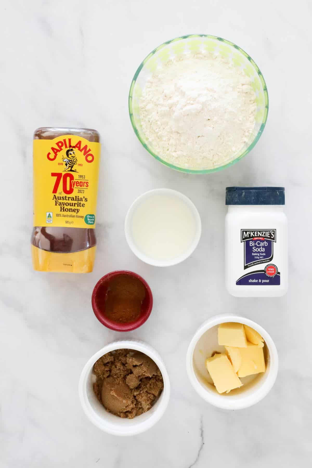 The ingredients needed to make the biscuits, weighed out and placed in individual bowls.