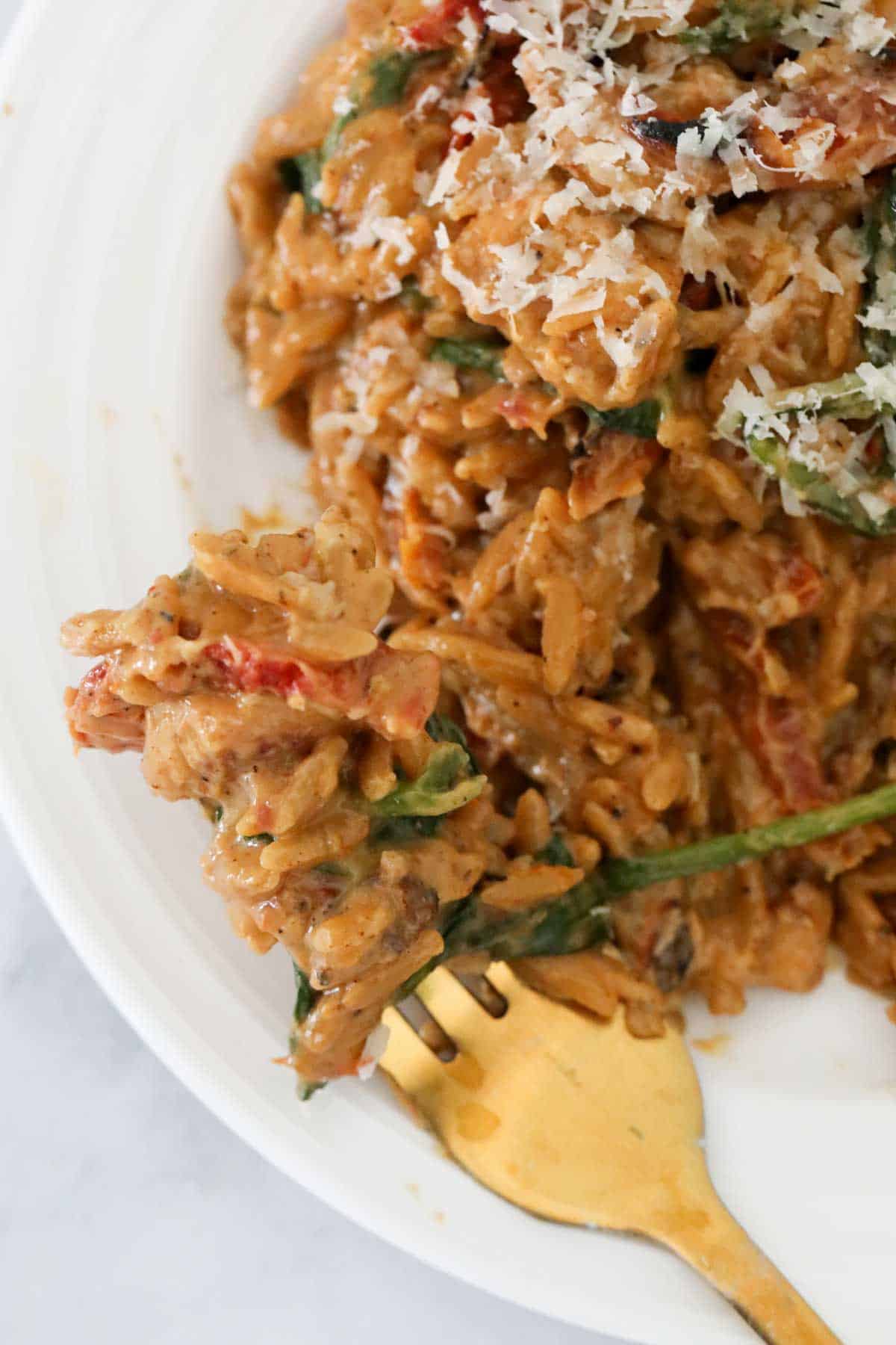 A gold fork on a white plate picking up a forkful of chicken risoni.