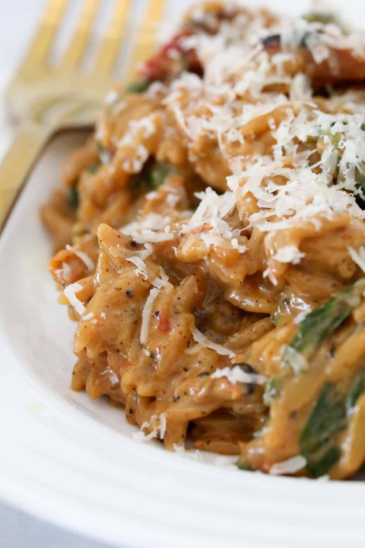 Marry me chicken pasta served on a white plate sprinkled with extra grated parmesan cheese.