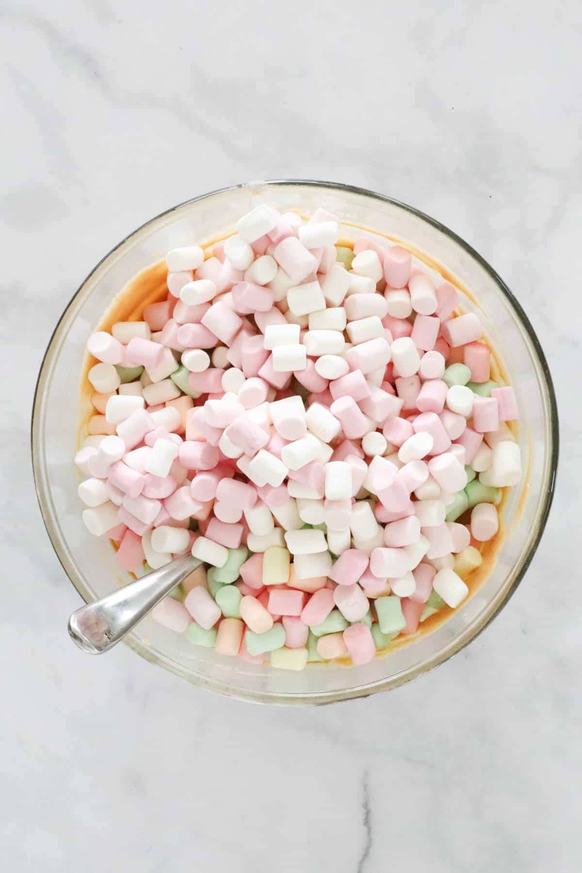 Marshmallows added to the peanut butter chocolate mixture.