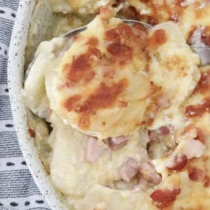 An overhead shot of golden baked cheesy potato bake with chunks of bacon.