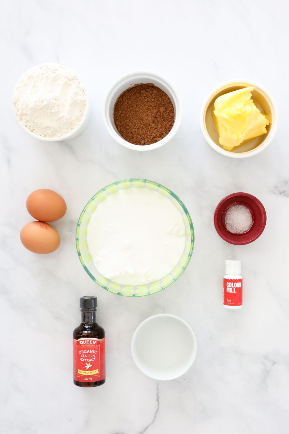 Ingredients needed to make the recipe measured and placed in individual bowls.