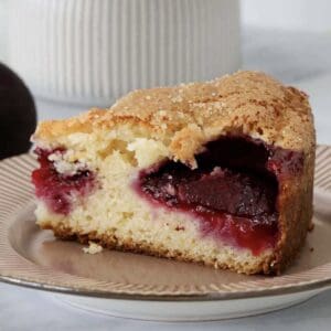 A slice of moist cake with fresh plums and a crunchy sugar top.