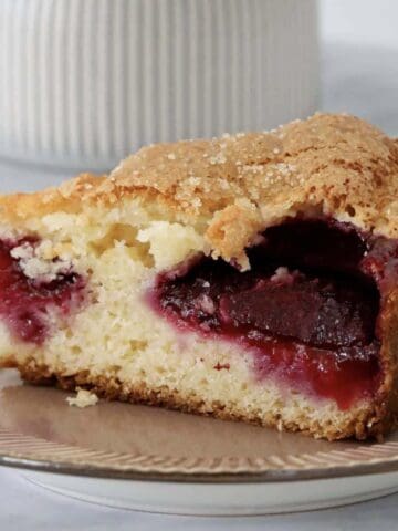 A slice of moist cake with fresh plums and a crunchy sugar top.