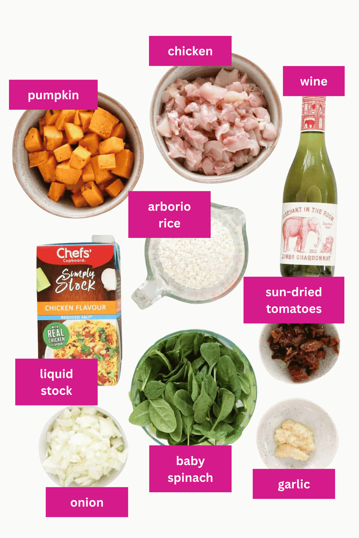 The ingredients for a risotto made with chicken and pumpkin.