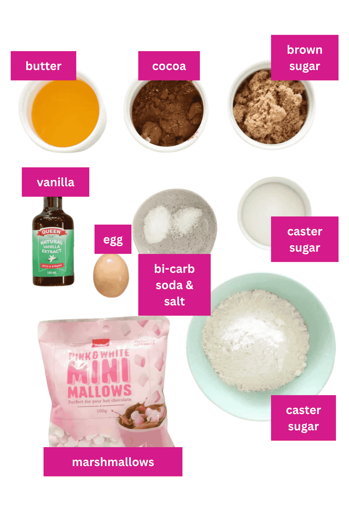 The ingredients for chocolate marshmallow cookies in small bowls.