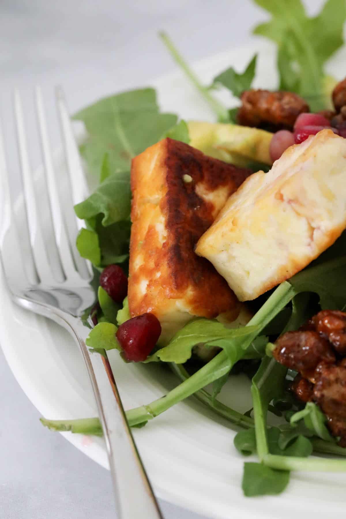 A close up of chunks of fried halloumi, on top of the salad.