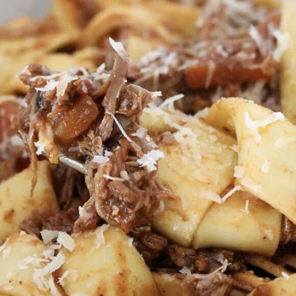 A bowl of lamb ragu pasta topped with parmesan and fresh herbs.