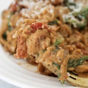 A fork full of chicken, pasta, creamy sundried tomato and spinach.