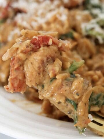 A fork full of chicken, pasta, creamy sundried tomato and spinach.