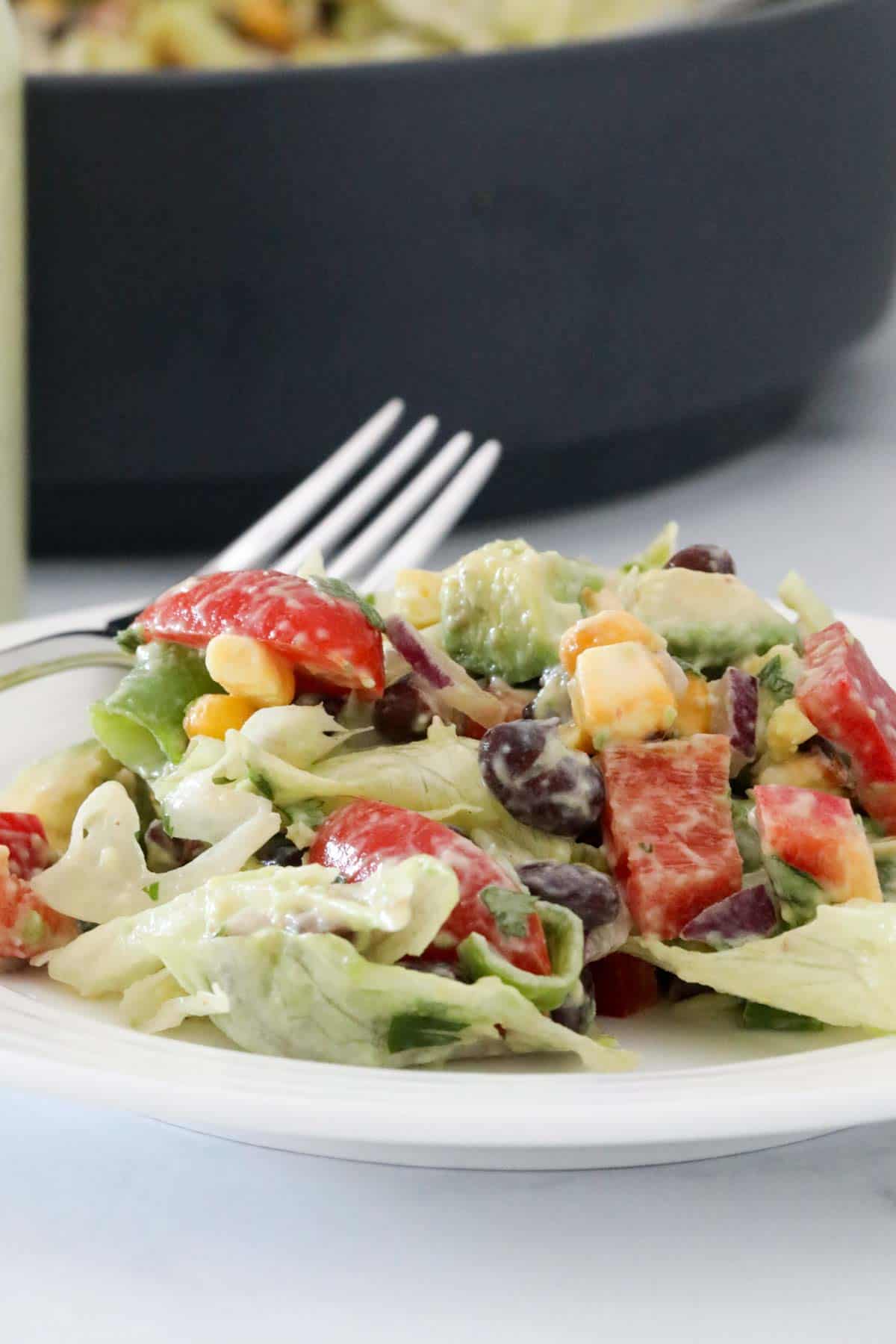 A portion of the chopped salad on a white plate, with the salad bowl just visible behind.