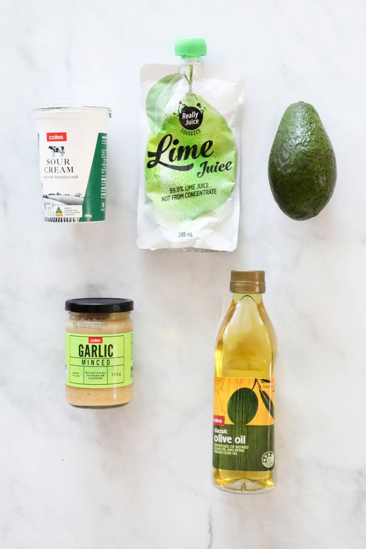 Ingredients needed to make the creamy avocado dressing.