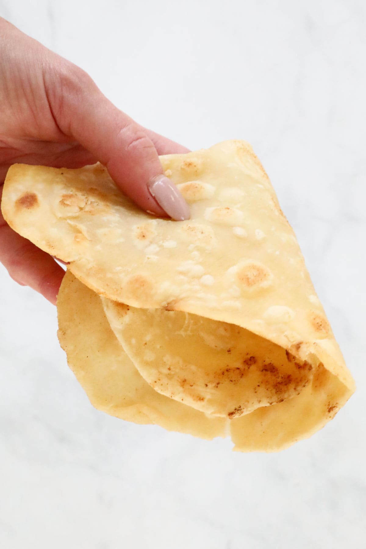 A hand holding a folded roti bread.