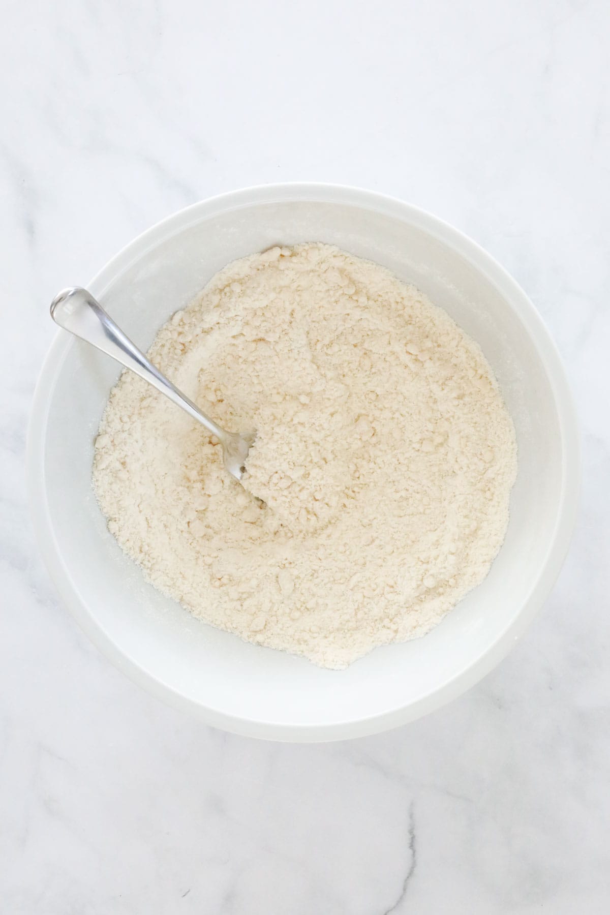 The butter mixed into the flour with a fork.