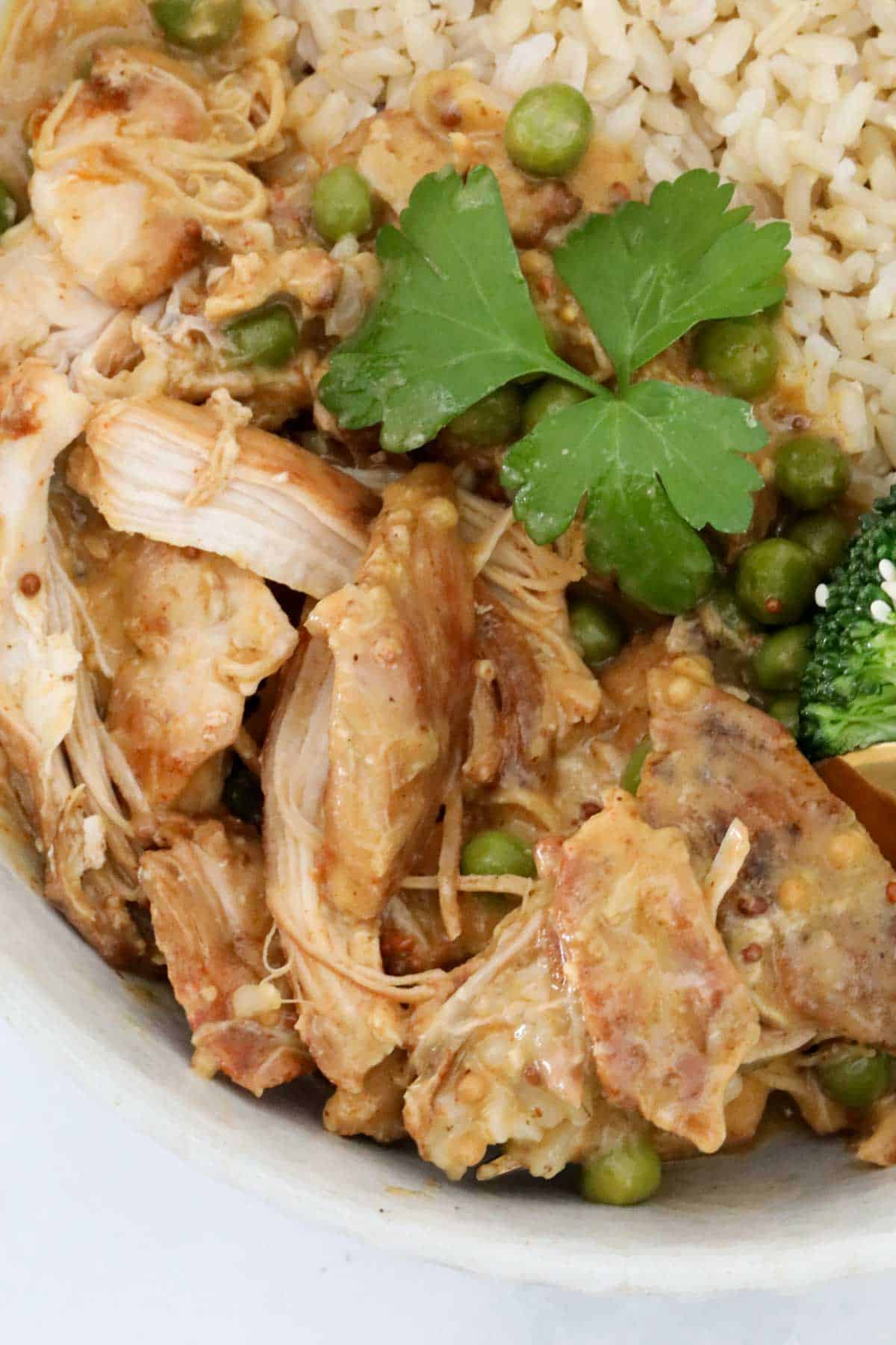 Close up of shredded chicken pieces in a sauce with a little parsley on top.