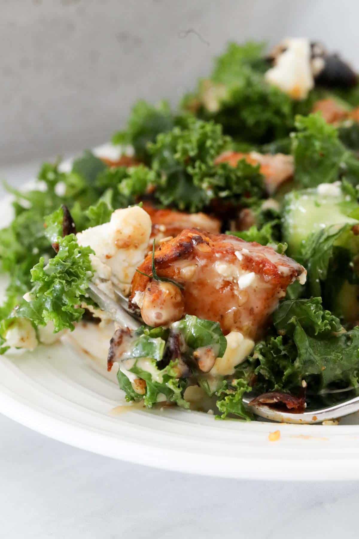 Close up of a fork full of sweet potato and kale salad on white plate.