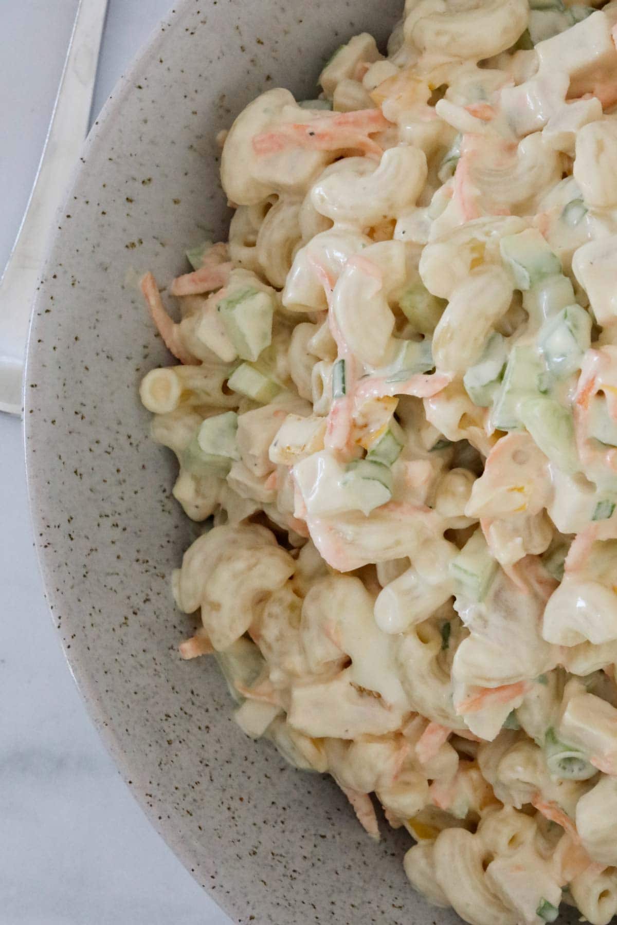 Overhead photo of a bowl of chicken macaroni salad.