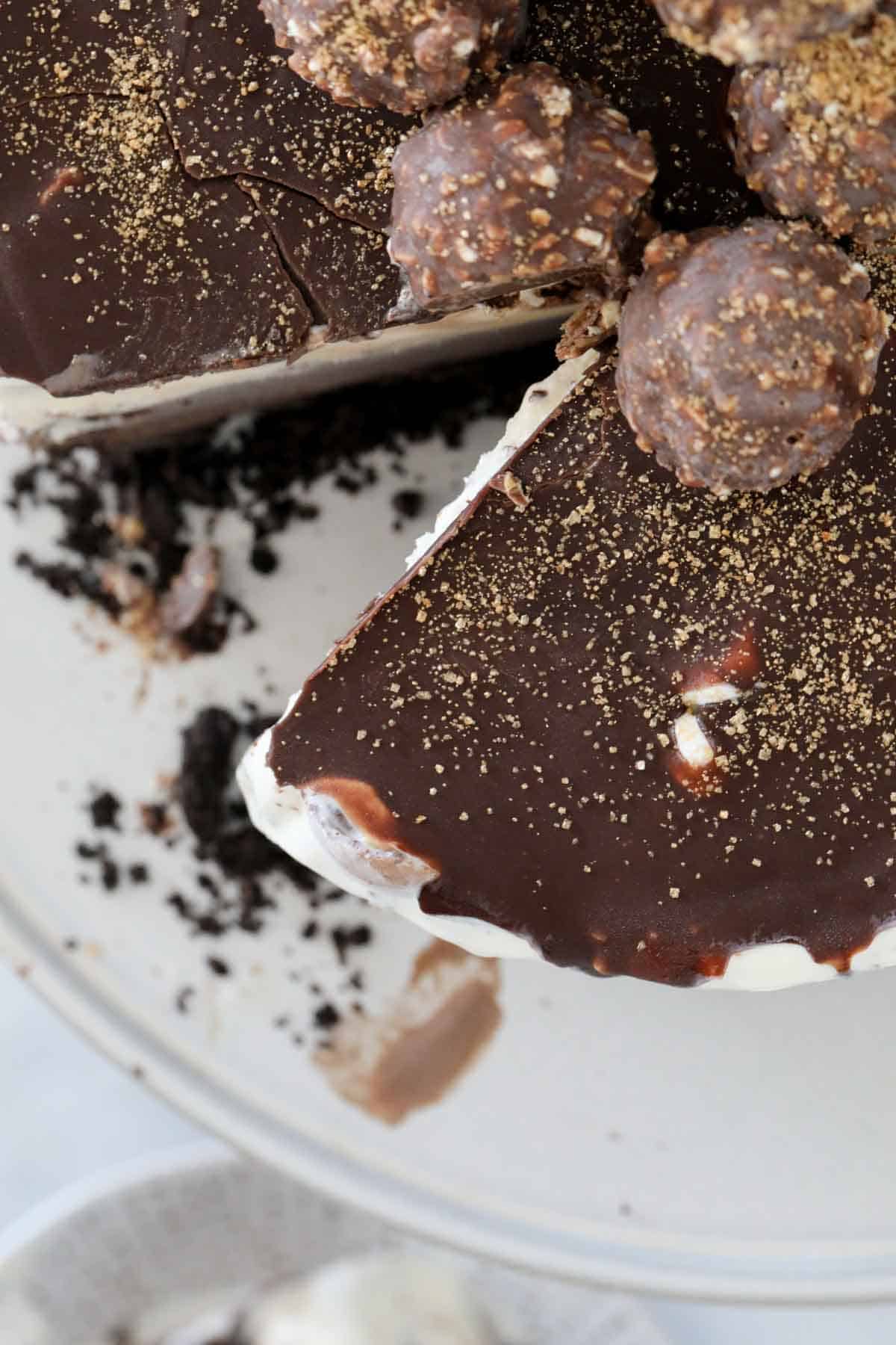 Overhead shot of a decorated Ferrero Rocher ice cream cake.