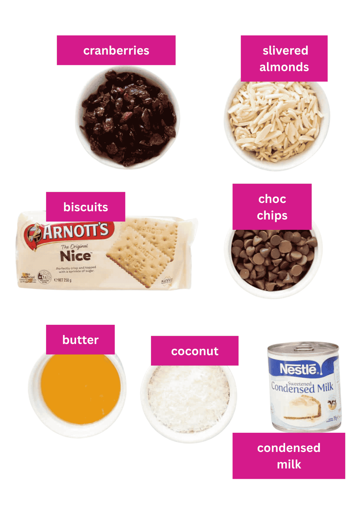 The ingredients for a magic sweetened condensed milk seven layer slice.