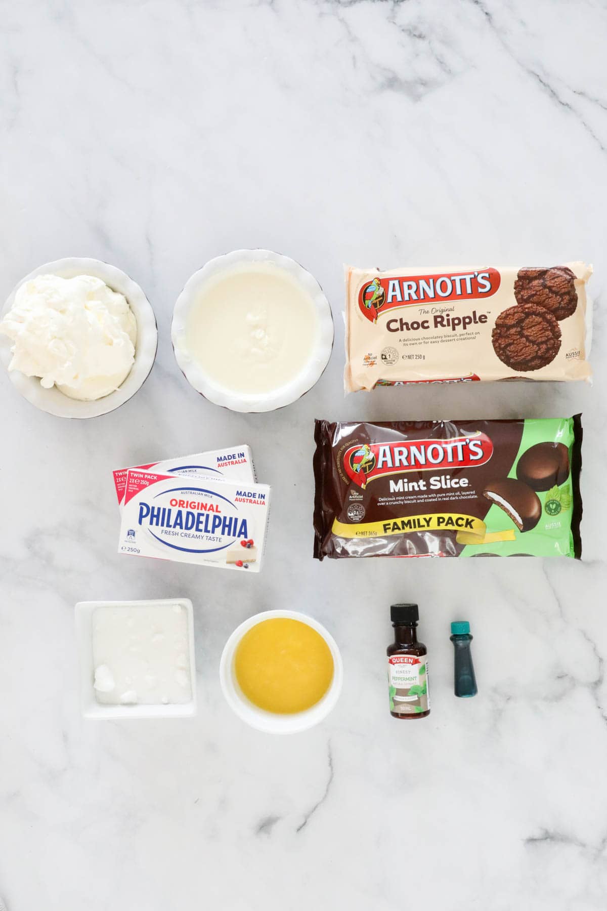 The ingredients needed to make the chocolate and mint cheesecake.