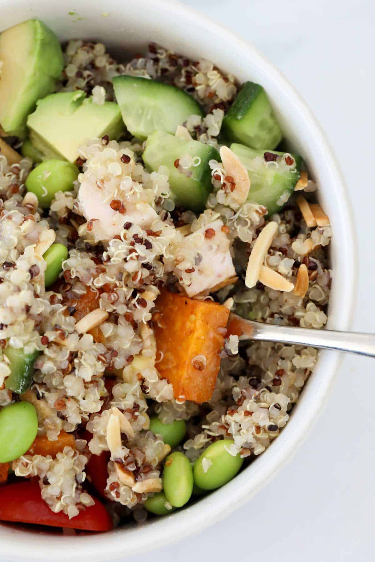 A fork in a mixed quinoa bowl.