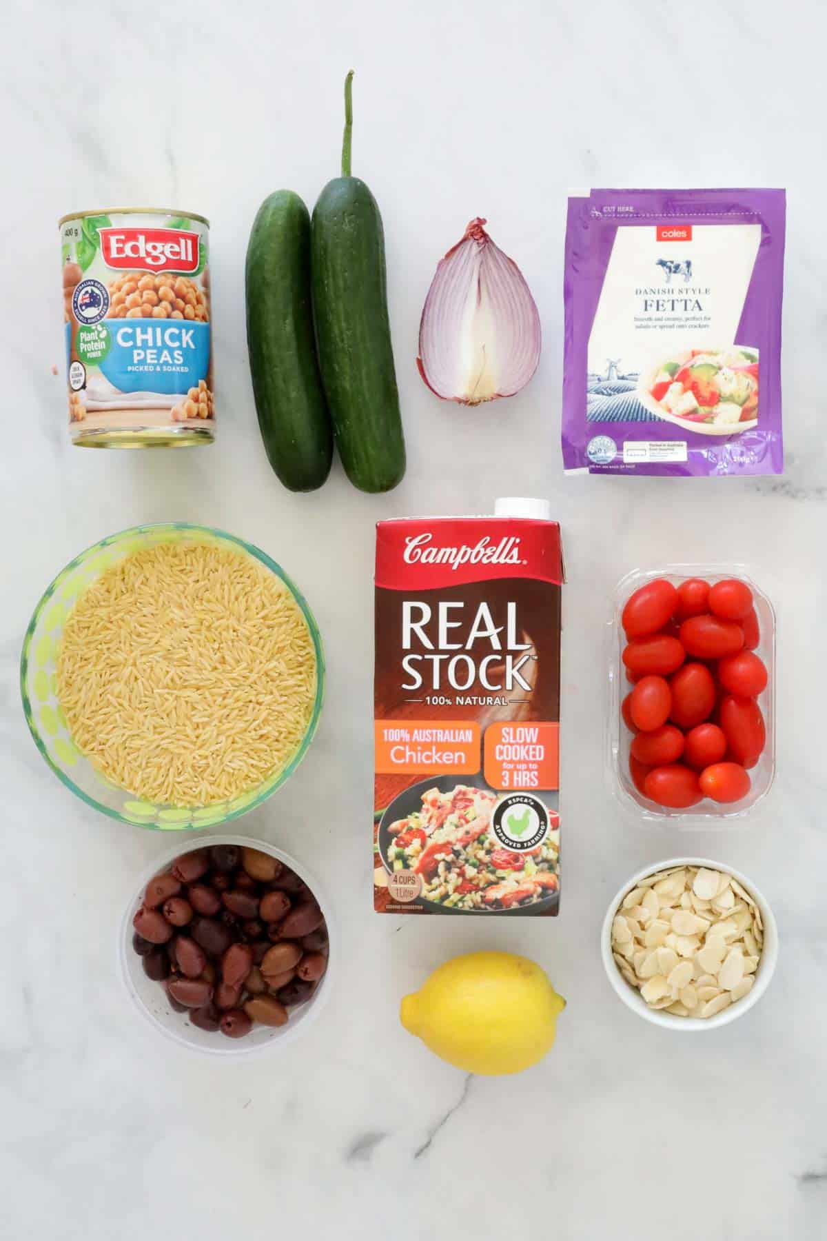 Ingredients placed on a bench top.