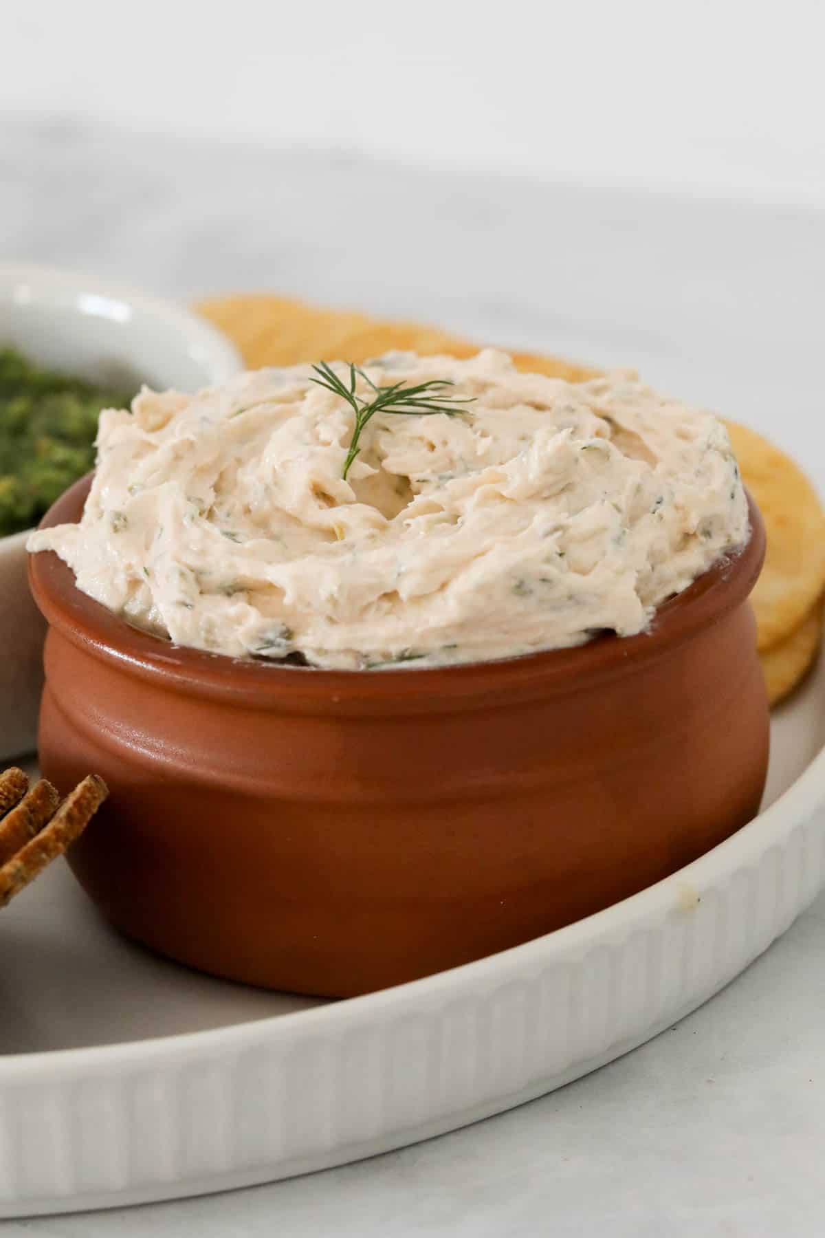 Side view of a bowl of the finished smoked salmon dip decorated with a sprig of fresh dill.