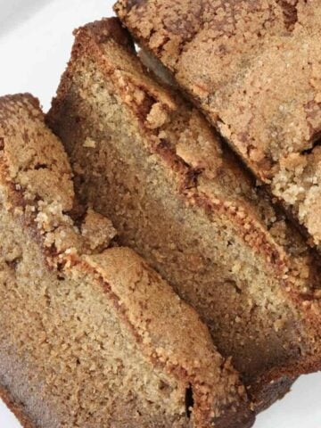 An overhead shot of slices of banana bread.