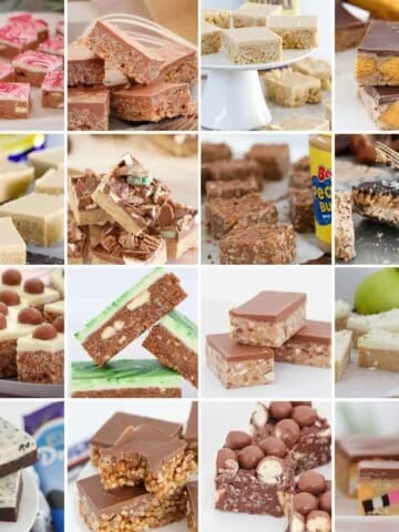 A collage of no bake slice recipes.