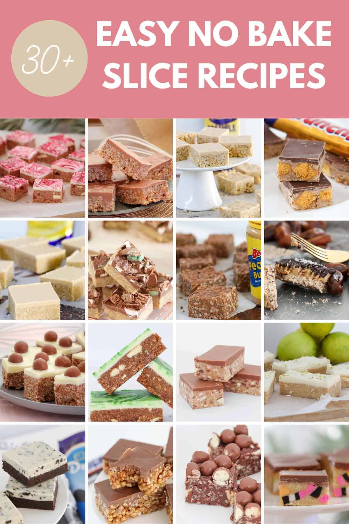 A collage of no bake slice recipes.