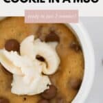 An overhead shot of a choc chip cookie mug cake with ice cream on top.