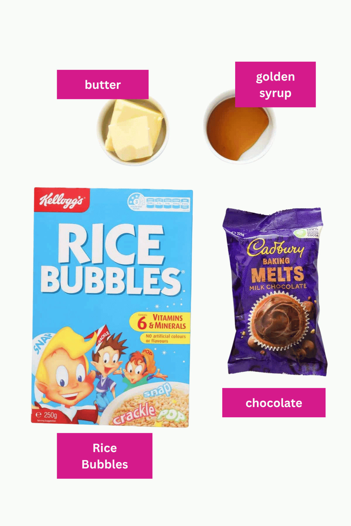 Butter, golden syrup, Rice Bubbles and chocolate.