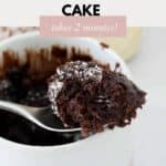 A spoon holding some chocolate mug cake above a white ramekin.