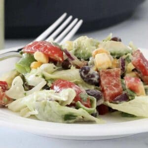 A plate of a Mexican style salad with a creamy avocado dressing.