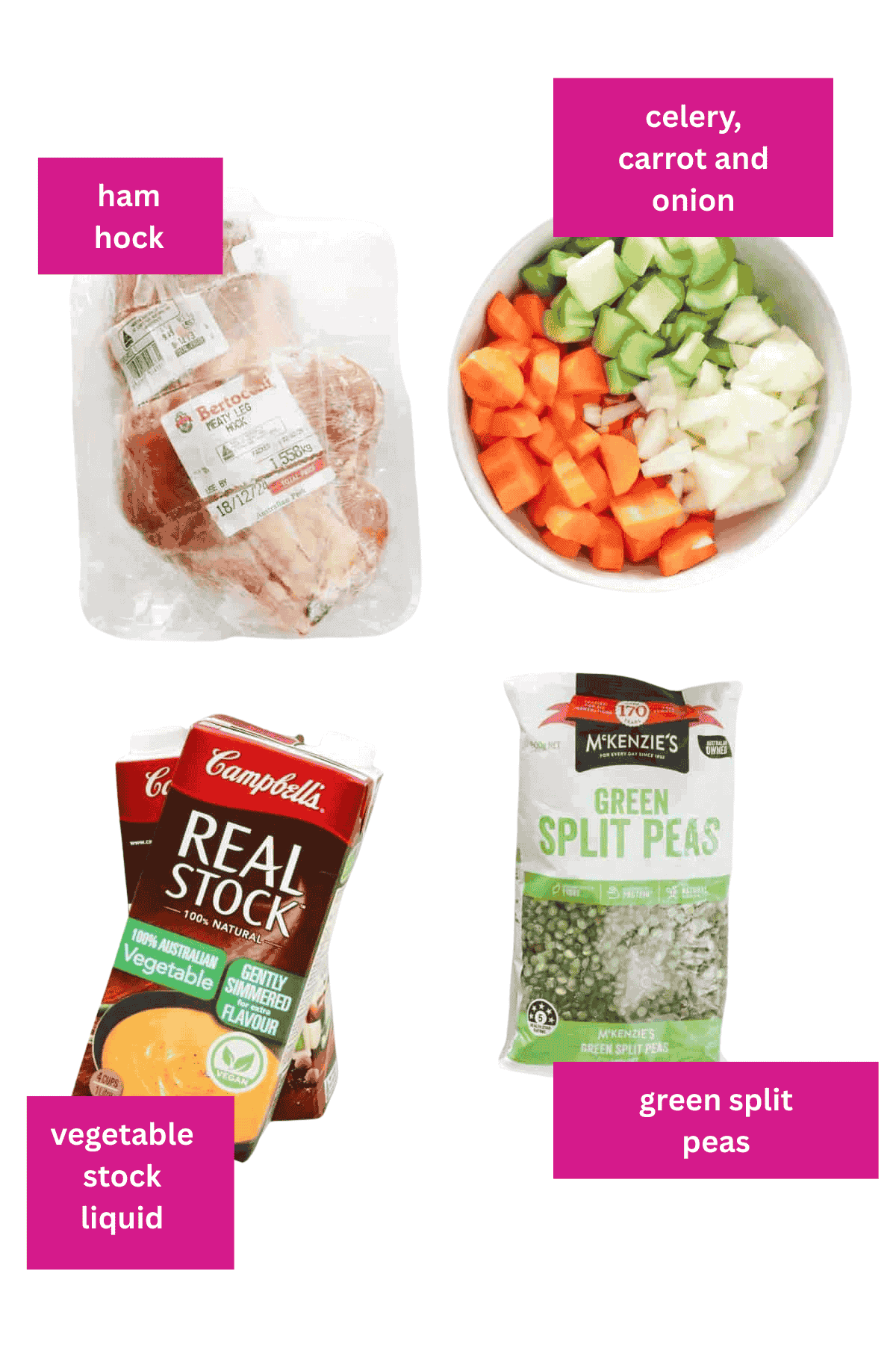 The ingredients for pea and ham soup.