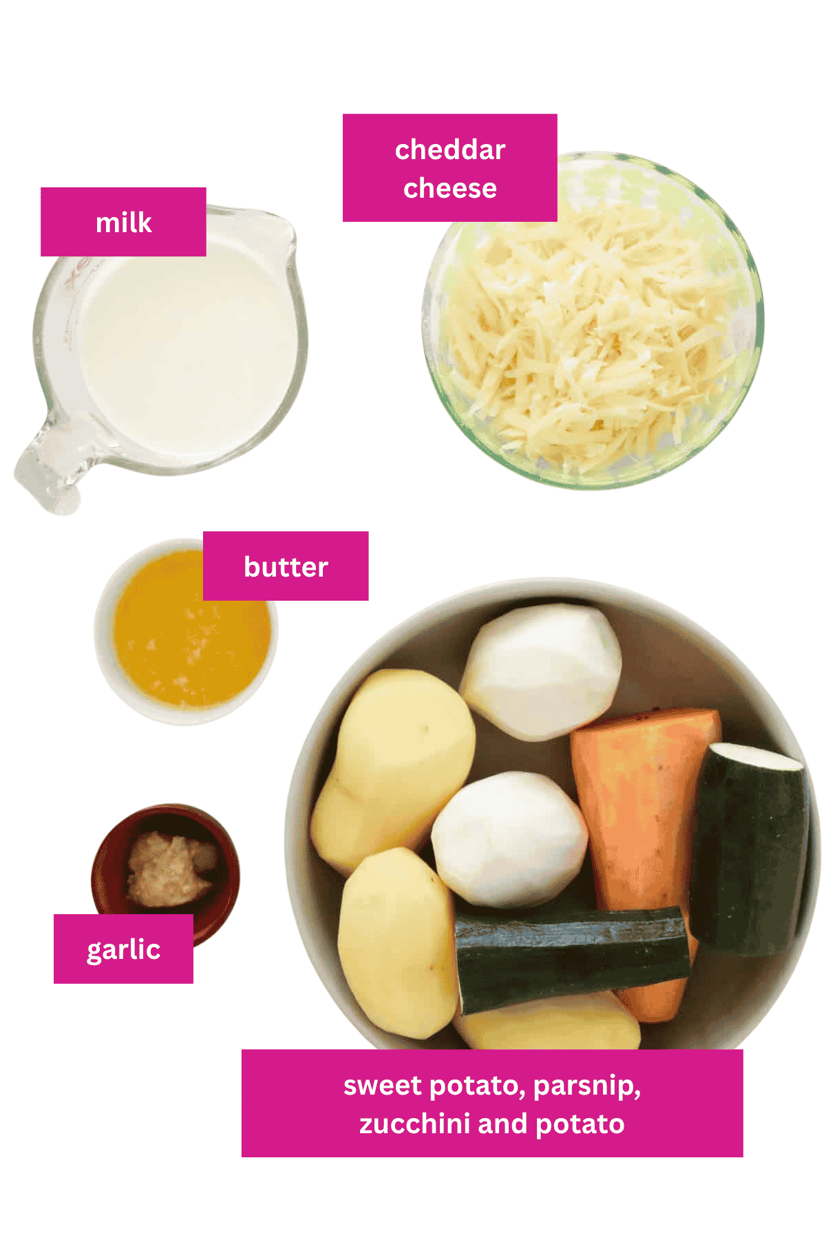 The ingredients for a creamy vegetable bake.