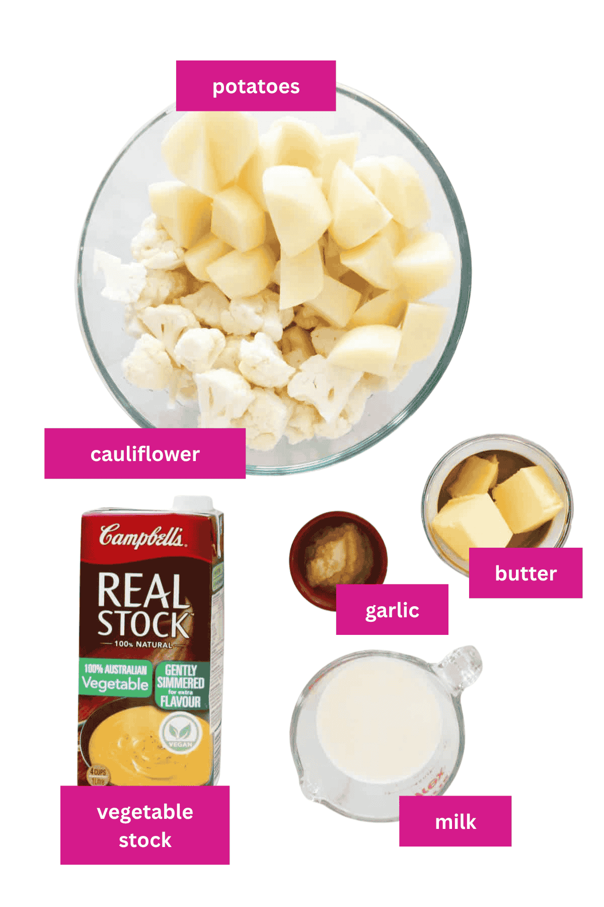 The ingredients for a potato mash with cauliflower in small bowls.