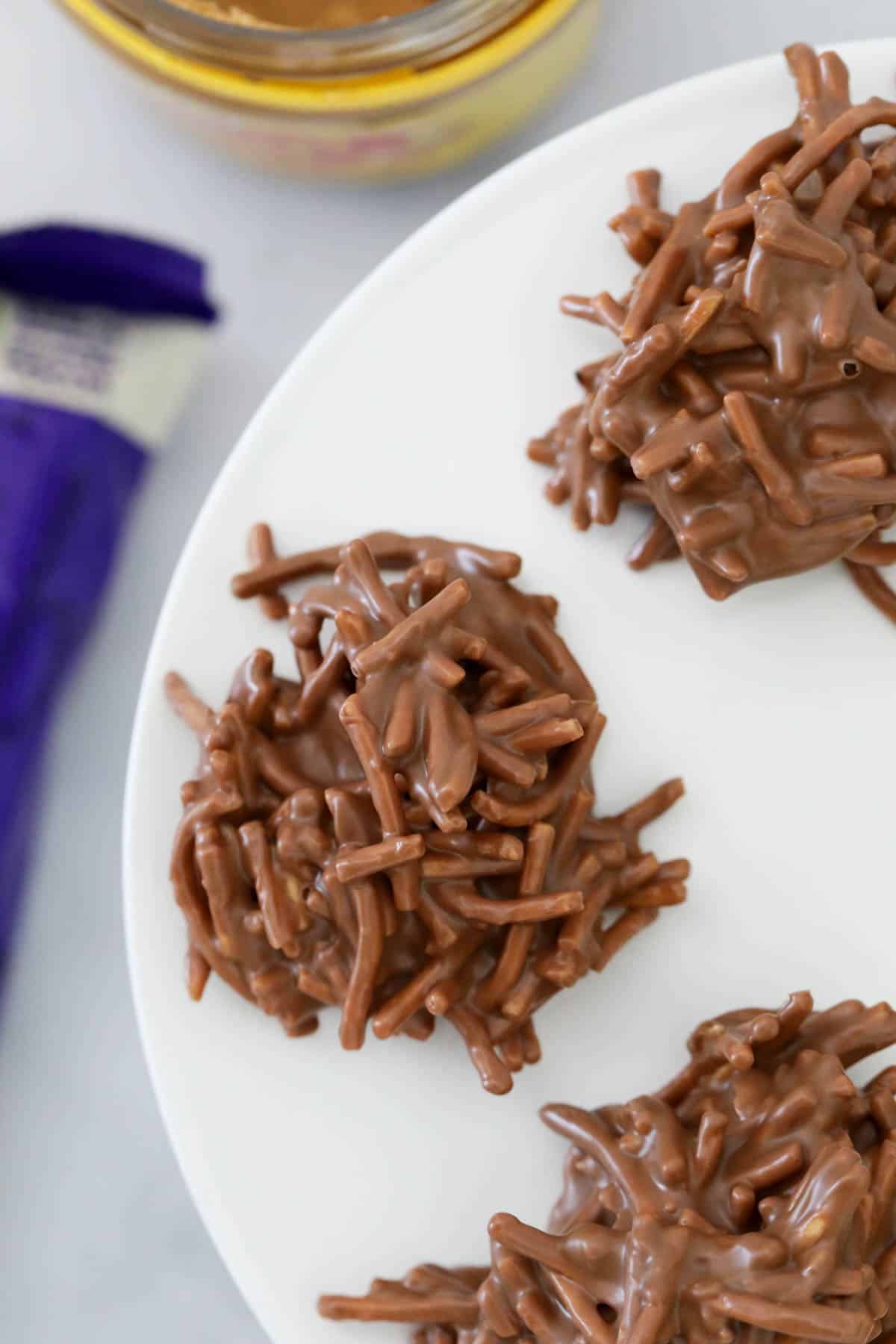 Overhead shot of chocolate spiders.