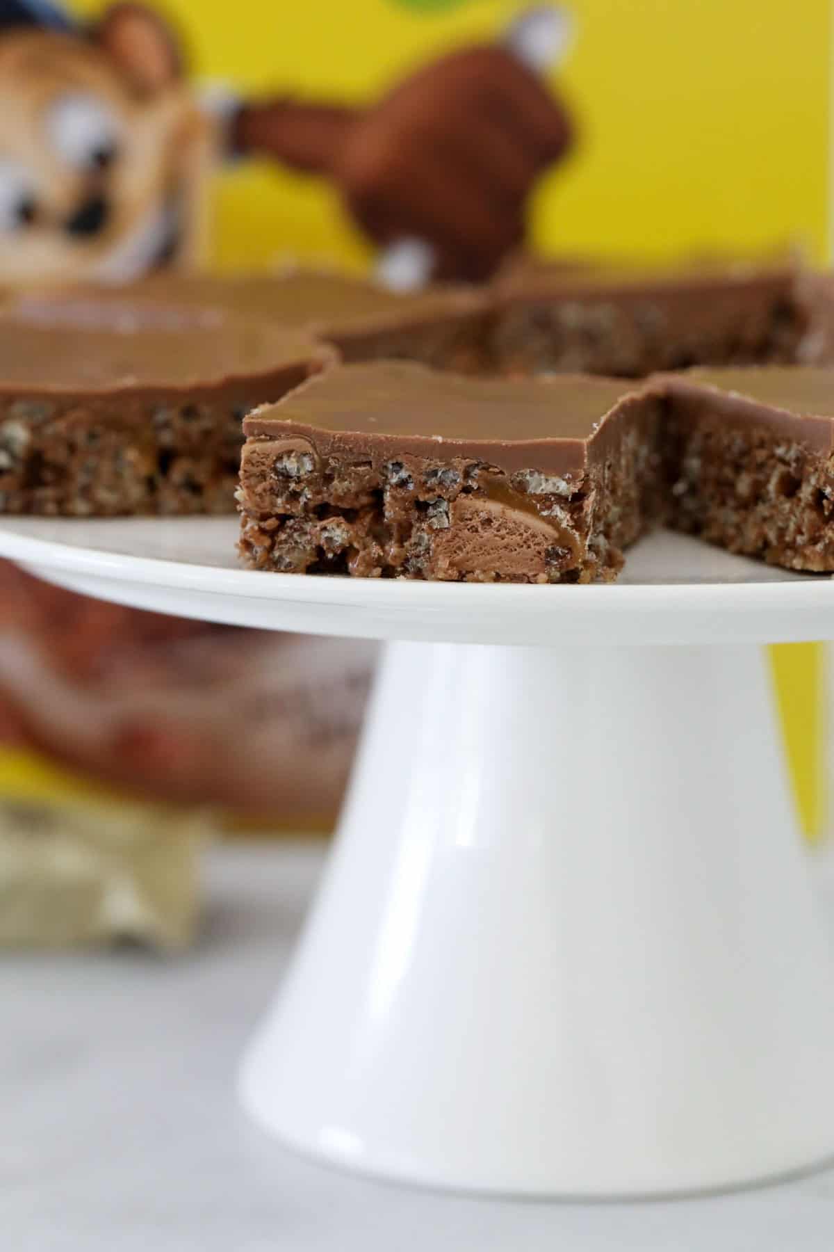 Coco Pop and Mars Bar slice cut to show chunks of Mars Bars throughout.