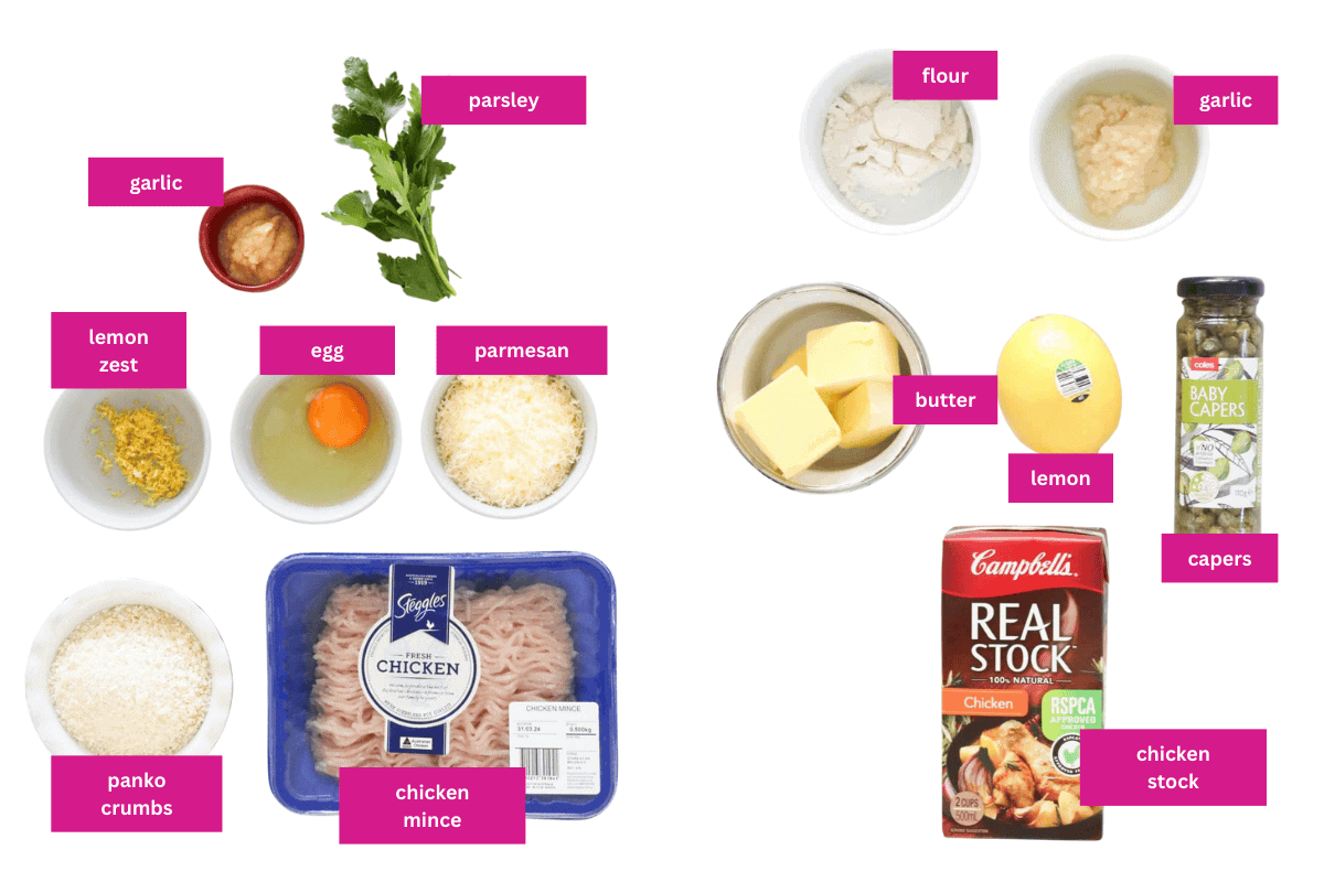 The ingredients for chicken piccata meatballs in small bowls.