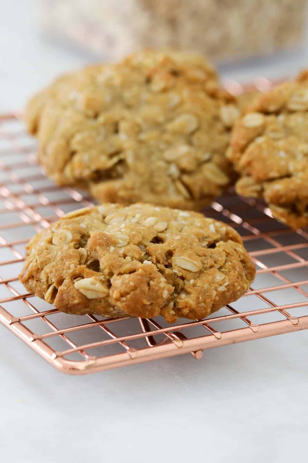 Baked oat cookies on a copper wire cooling rack.