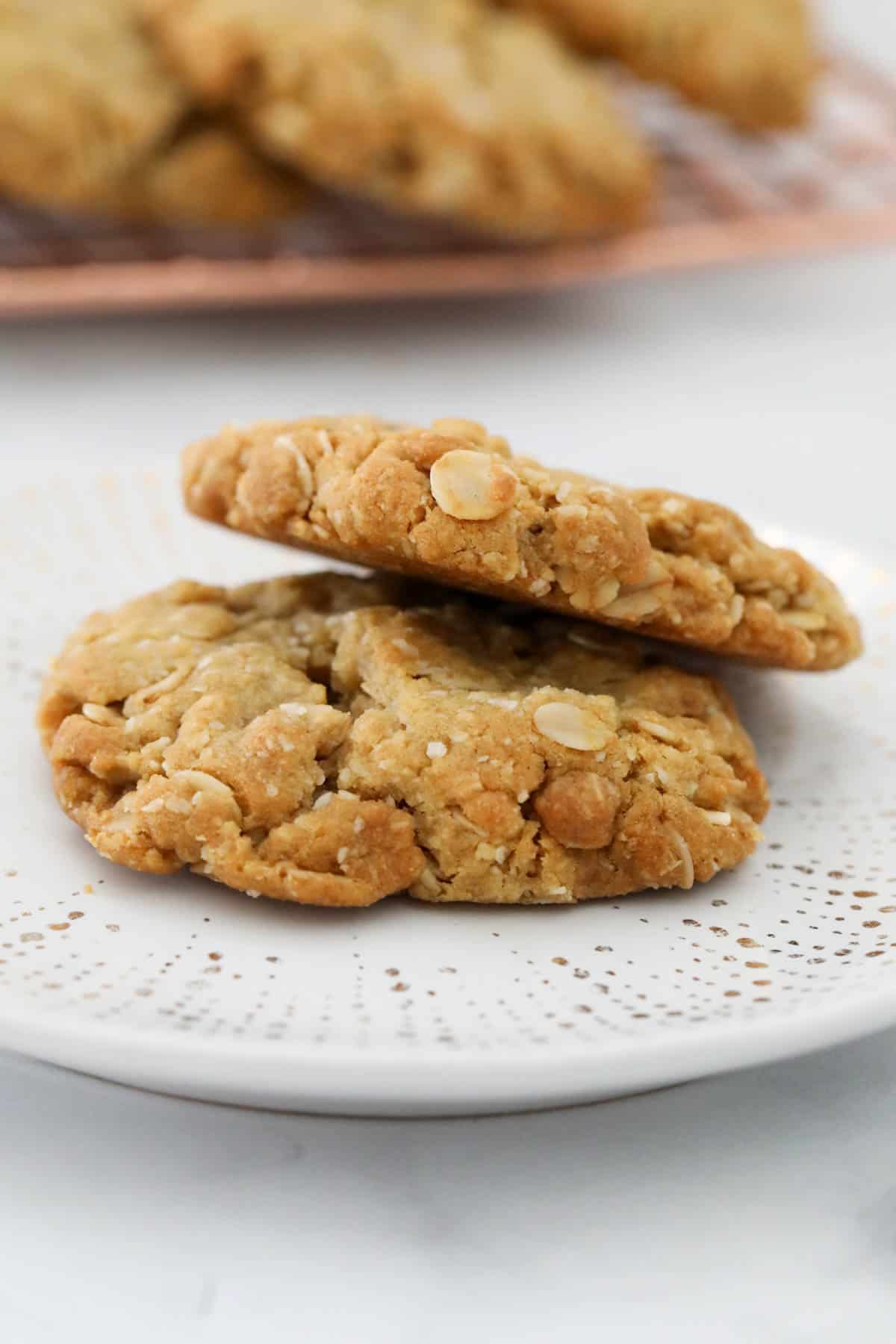 Two ANZAV biscuits placed on a white plate.