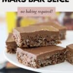 Pieces of chocolate Coco Pop and Mars Bar slice on a white cake stand.