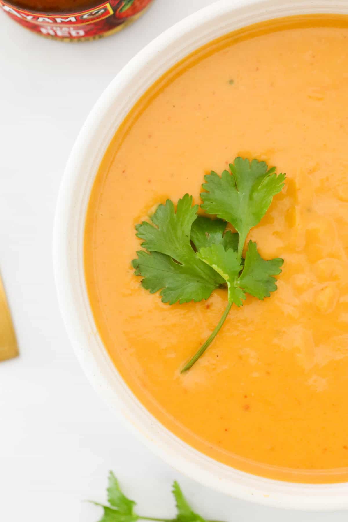 Roasted pumpkin soup in a white bowl.